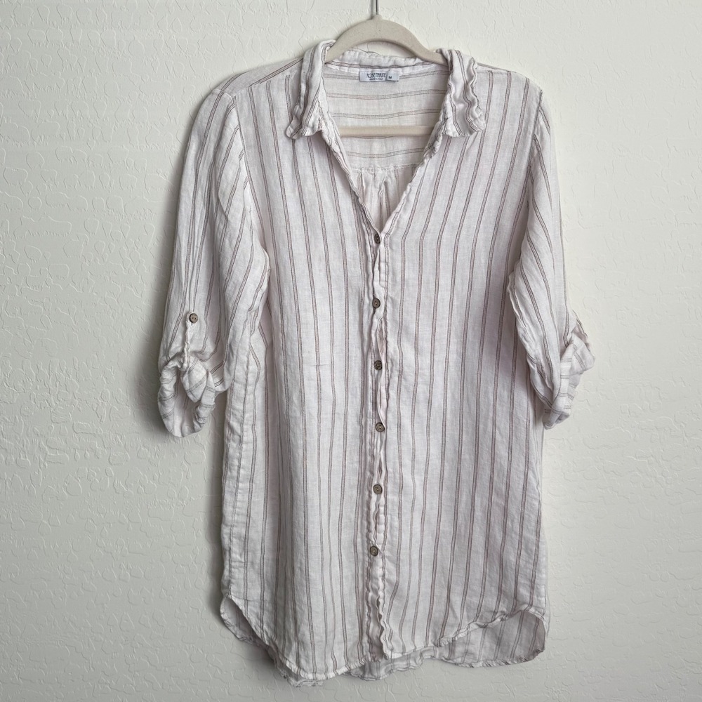 Rosemarine Womens 100% Linen Shirt M White Striped Roll Tab Italy Lagenlook Boho